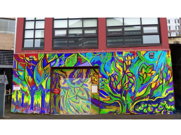A conceptual rendering of the mural, with digitally added colorful imagery added over a photo of the brick wall.