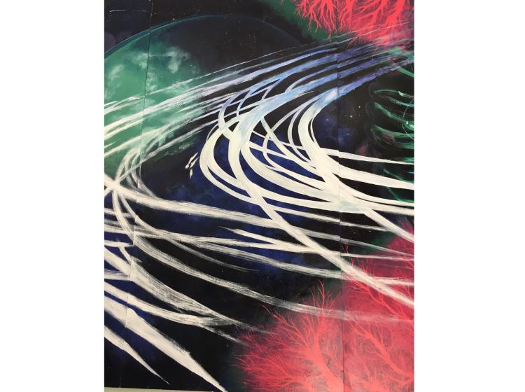 Close-up of the next section of the mural, featuring white rings against an abstract background of black, green and red.