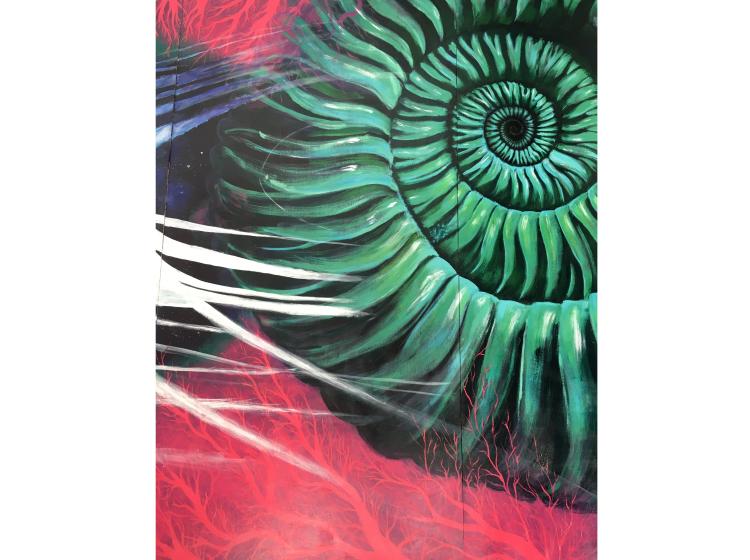 Close-up of the next section of the mural, featuring a green seashell-like form against an abstract background of red and black.