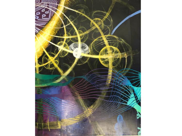 Close-up of the next section of the mural, featuring abstract imagery reminiscent of computer circuitry, against a black background. 