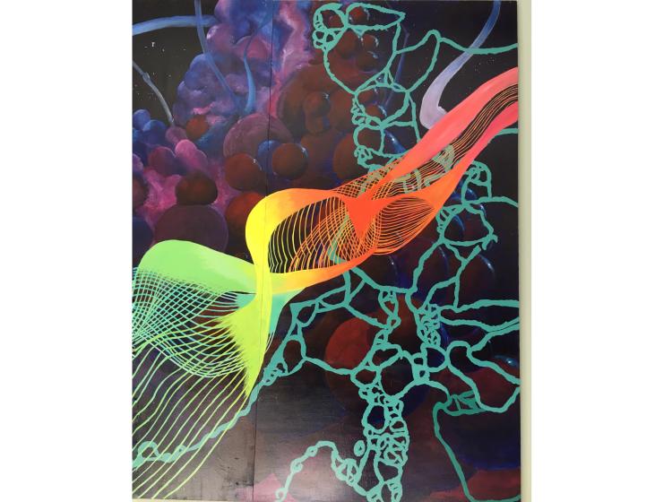 Close-up of the far right section of the mural, featuring imagery reminiscent of DNA, in yellow, red and green, against a dark background. 