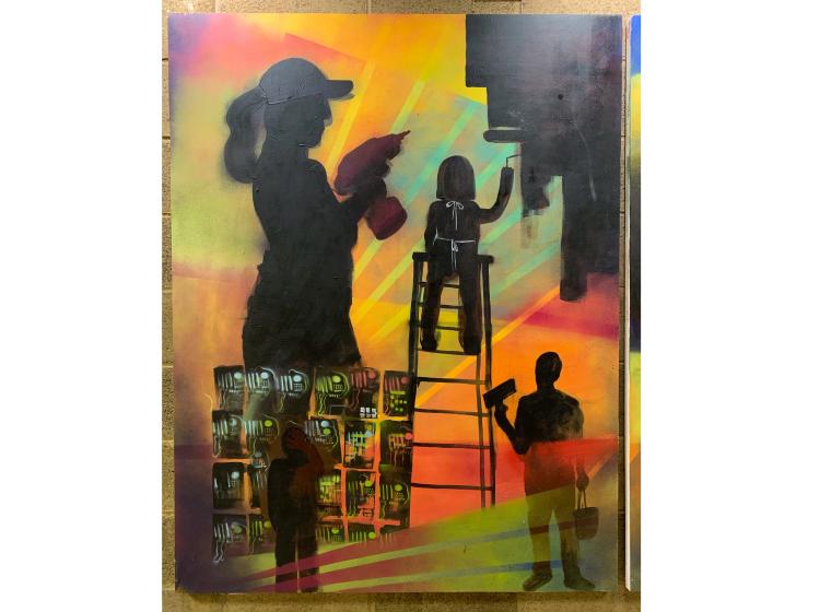 Close-up of the one panel of the mural. Abstract composition features a worker holding a drill, while another stands on a ladder with a paint roller.