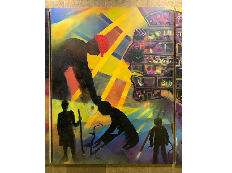 Close-up of the one panel of the mural. Abstract composition features workers with various tools, and a large face in profile, which appears robotic.