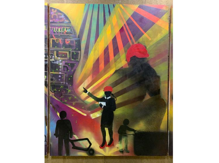Close-up of the one panel of the mural. Abstract composition features workers with various tools, and the back of a large head, which appears robotic.