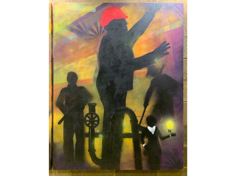 Close-up of the one panel of the mural. Abstract composition features workers with various tools, and a system of pipes they are working on.