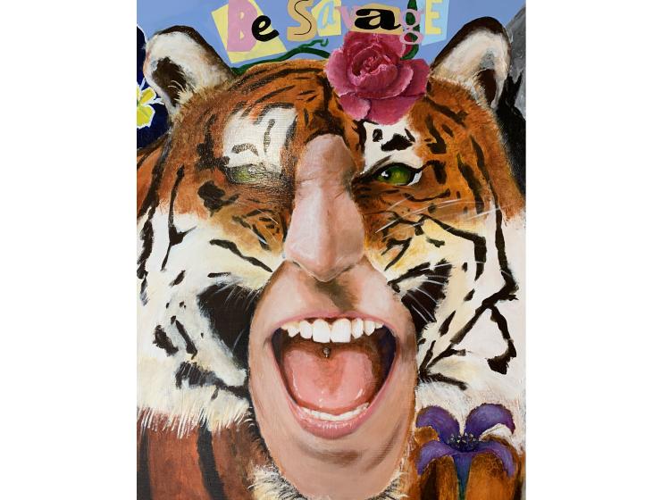 Close-up of tiger-human hybrid. A tiger's head with a human nose, mouth and chin, with the words "be savage" above its head in a collage style.