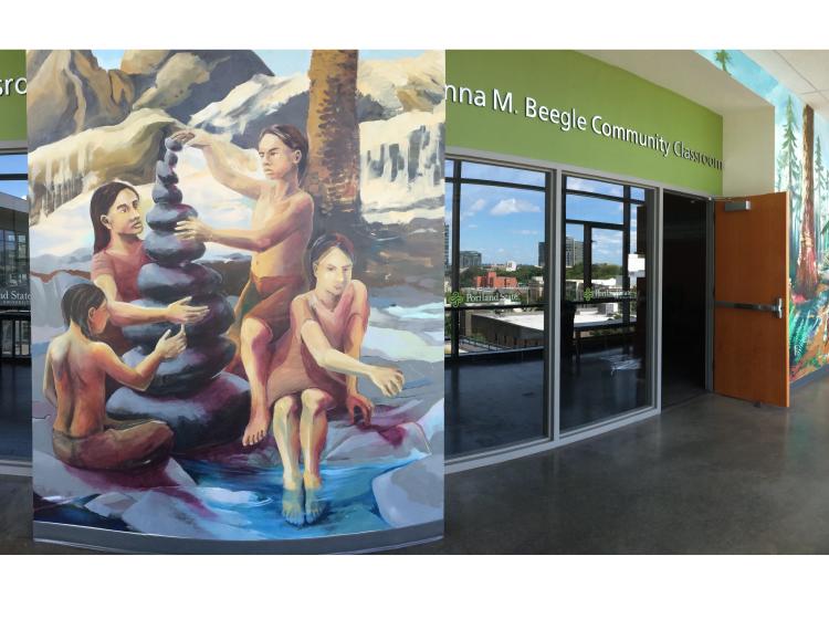Wide-angle shot of a section of the mural in a hallway. Mural depicts Native people stacking rocks next to a river. 