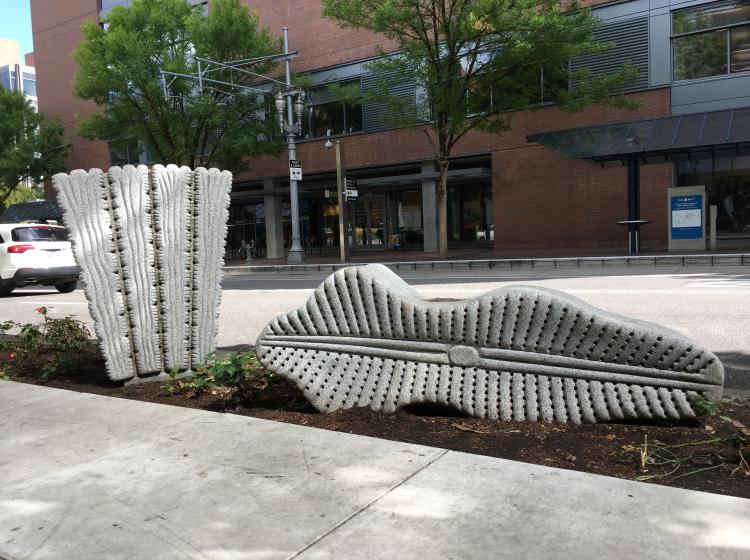 Two granite sculptures sit in the dirt swale between the sidewalk and 6th Avenue. They are shaped like microscopic organisms, with intricate patterns of ridges.