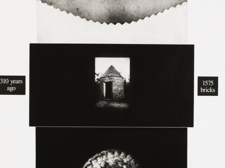 Close-up of the middle portion of the artwork, showing a small circular building. To the left and right are boxes with text, reading “310 years ago” and “1575 bricks.” 