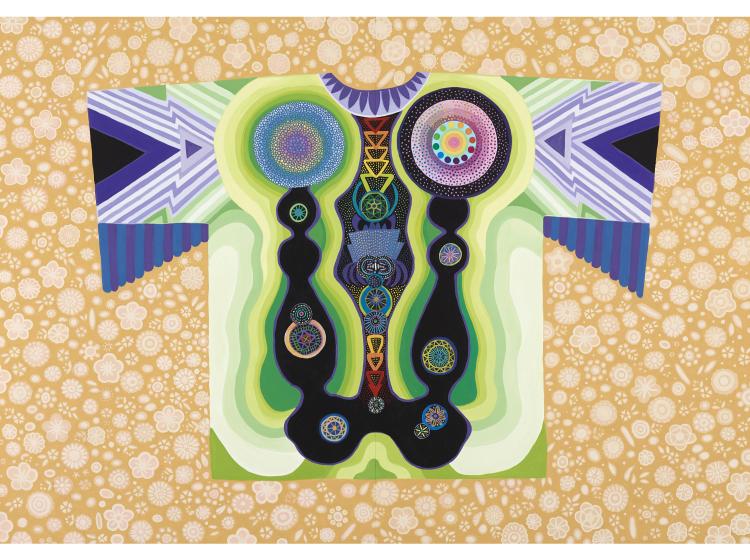 A boldly colorful stylized painting of a kimono-like garment with geometric shapes and patterns created with repeated forms, lines and dots.