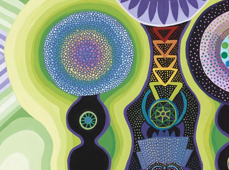 Close-up detail image of a section of the artwork, focusing on the patterned surface of the kimono.