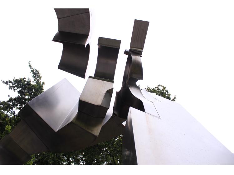 View of the sculpture from directly below the center, looking up.