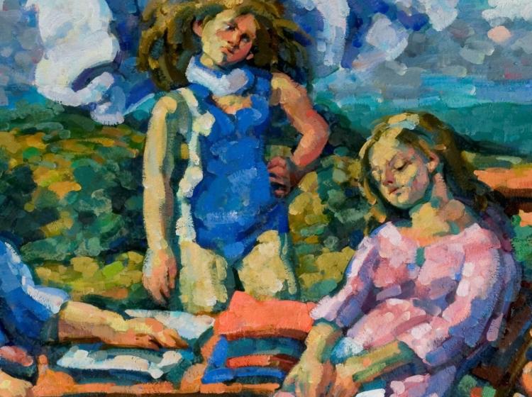 Detail image of the painting, focusing on two of the figures