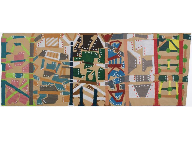 Abstract artwork with multicolored loose geometric shapes clustered on a beige background