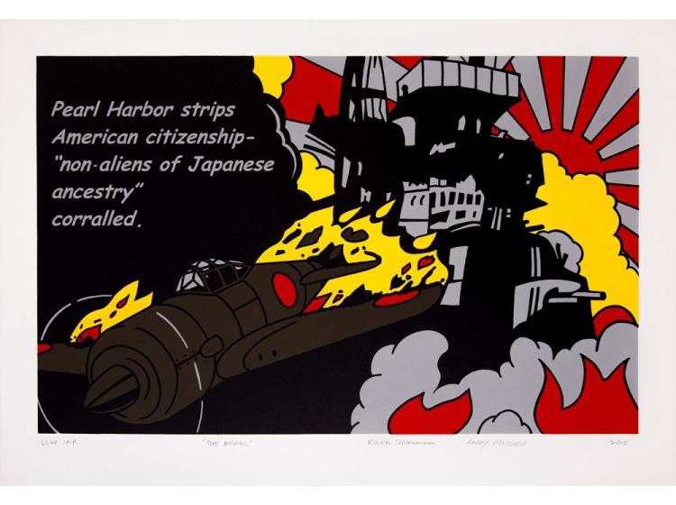 Pop-art style representation of a plane bombing Pearl Harbor with text: "Pearl Harbor strips American citizenship—non aliens of Japanese ancestry corralled."