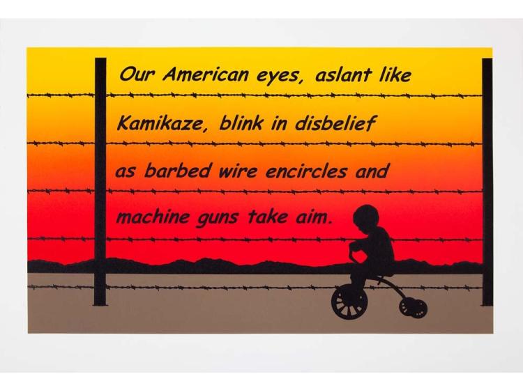 Pop-art style representation of a child on a tricycle in silhouette, surrounded by barbed wire in front of a sunset, with the text "Our American eyes, aslant like kamikaze, blink in disbelief as barbed wire encircles and machine guns take aim."