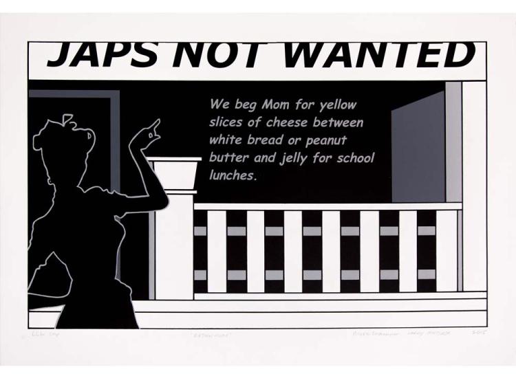 Pop-art style representation of a figure in silhouette in front of a porch, above which a banner reads "JAPS NOT WELCOME." Text in the center of the composition reads "We beg Mom for yellow slices of cheese between white bread or peanut butter and jelly for school lunches."