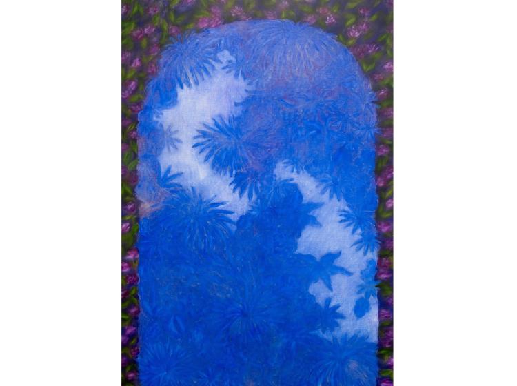 Impressionistic painting of a floral arch in purple and green, surrounding a blue background of vegetation
