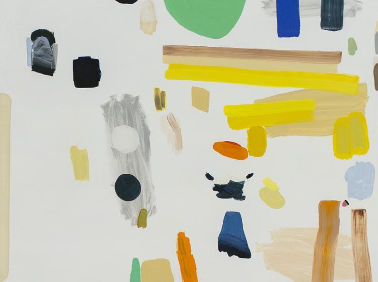Close-up of a portion of the colorful painting, with variously shaped streaks of colors on white