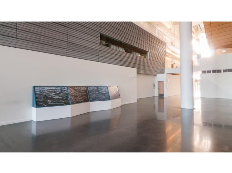 The artwork is seen at an angle, with bright sunlight shining from the hallway at right. The pedestal contains four forward-facing black and white photos of rippling water.