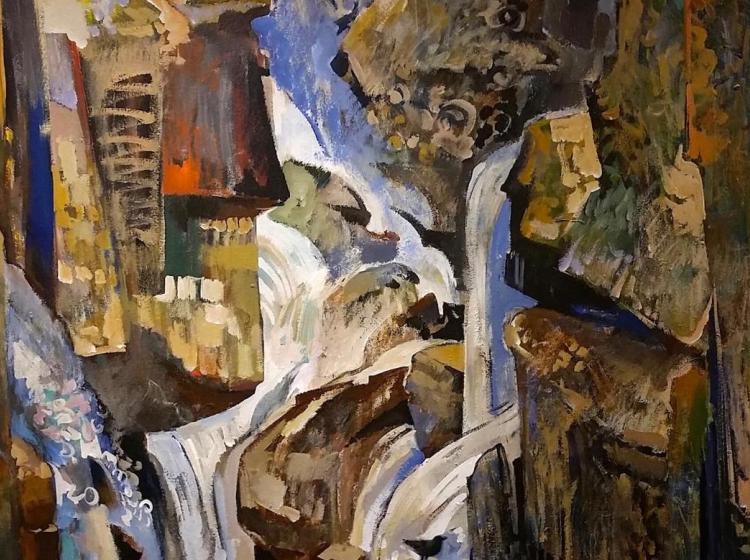 Detail image of a portion of the artwork, focusing on the waterfall