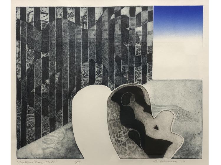 Abstract print in black, white and blue, with a combination of curvilinear and geometric shapes