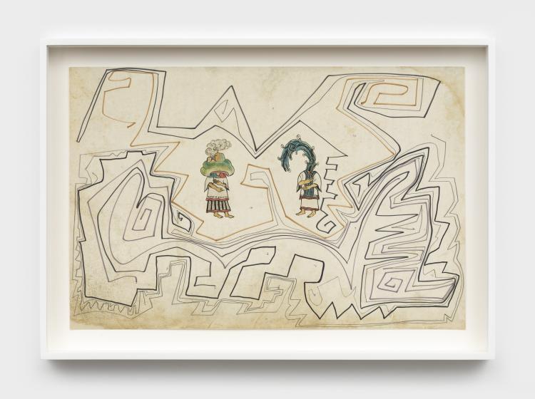 Abstract composition with two figures at center, both of which have abstract shapes for heads, surrounded by jagged, twisting lines 