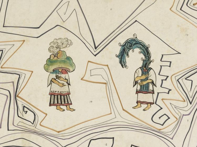 Detail image showing two figures with abstract shapes for heads, surrounded by jagged, twisting lines
