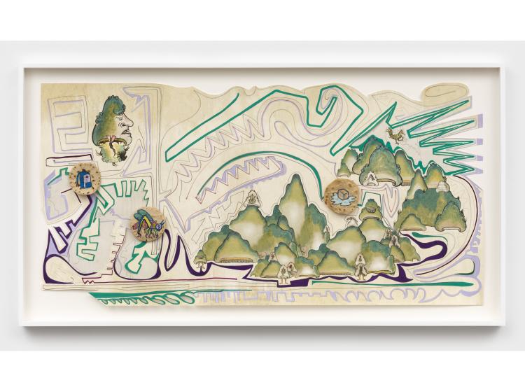 Abstract composition with landscape imagery surrounded by jagged, twisting lines, and three tortillas bearing illustrations of a backpack, an insect, and a melting ice cube