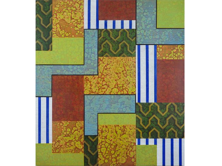 Abstract composition of geometric shapes with varying patterns, in predominantly green, red, orange and blue