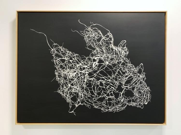 Abstract composition of a delicate white tangle of lines on a black background, created with cut paper