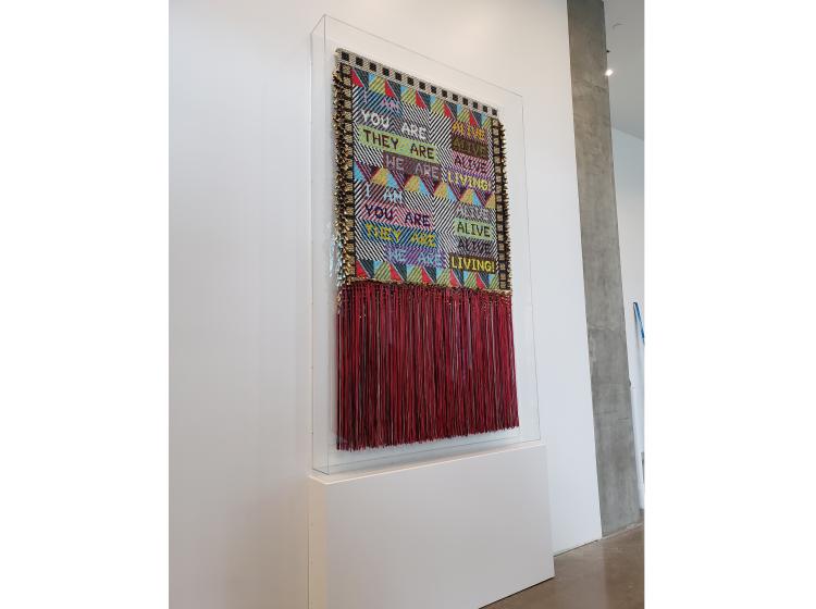 The artwork is seen installed on a white wall, with a plexiglas case protecting it