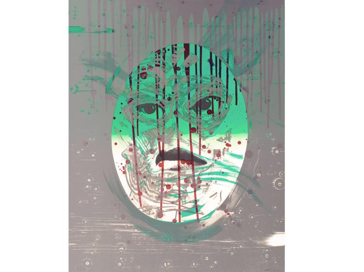 Abstract image of a face in teal, black and red on a grey background