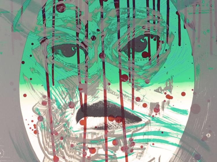 Close-up detail image of the artwork, an abstract image of a face in teal, black and red on a grey background