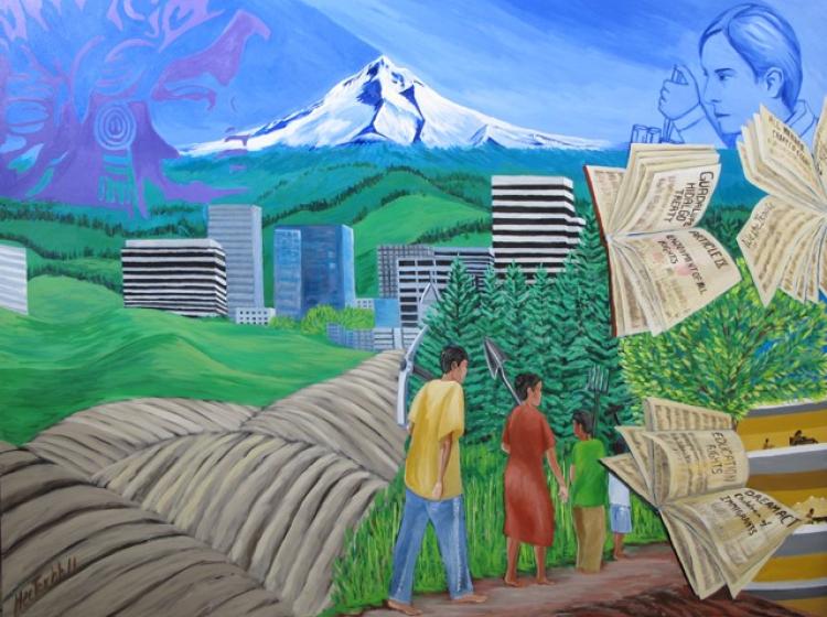 Left section of the mural featuring people, landscapes, buildings, books, and Mount Hood