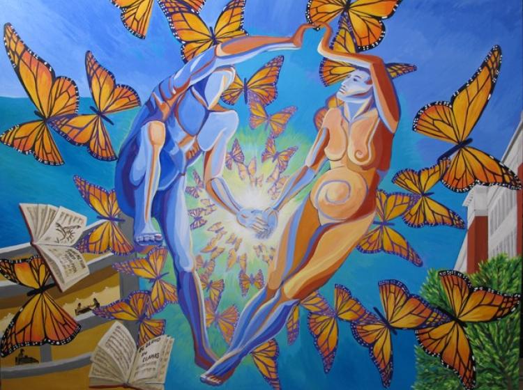 Central section of the mural featuring figures, books and butterflies