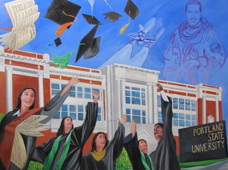 Right section of the mural featuring granduating students, a building, and the PSU sign