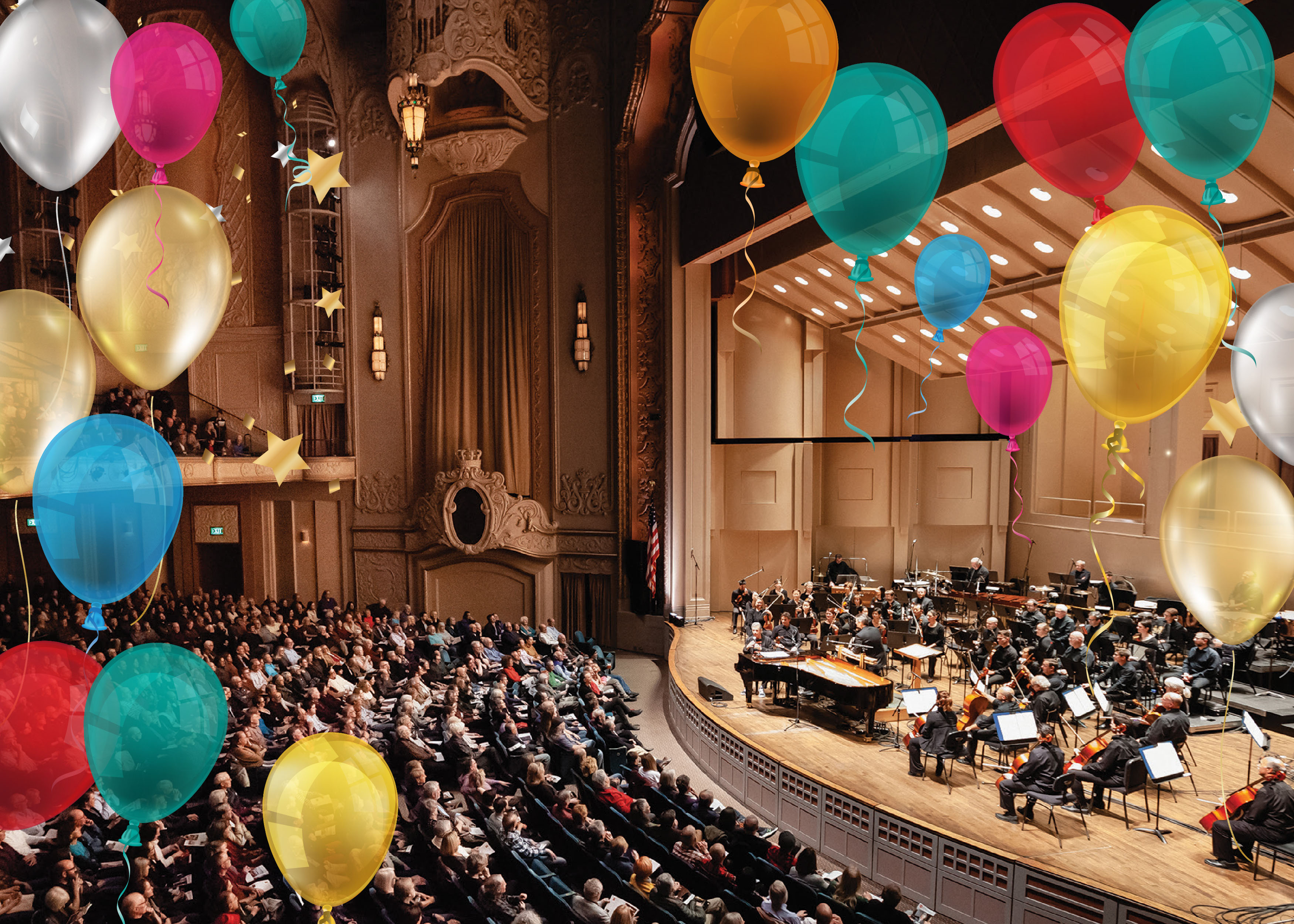 Photo of a filled concert hall with balloons around the frame