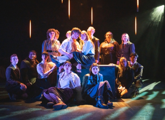PSU Theater cast of "Spring Awakening" posed at the end of the hayloft scene.