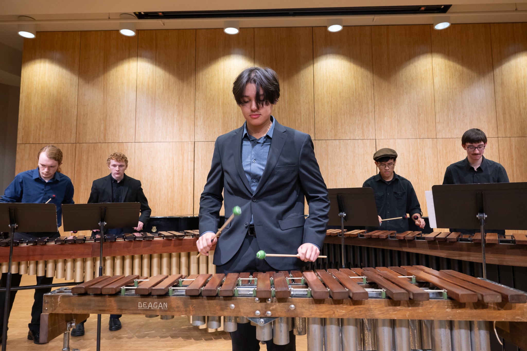 PSU Percussion students performing on marimbas in Lincoln Recital Hall.