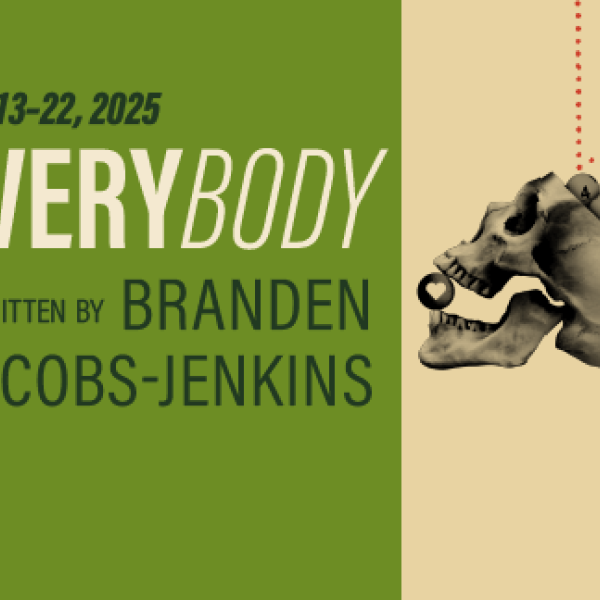Image of a skull with lotto balls inside and a number 9 ball bouncing into the pile. A heart coin between the teeth of the skull. Text reads "PSU Theater Arts Presents Nov. 13-22, 2025, "Everybody" written by Branden Jacobs-Jenkins. Get tickets.