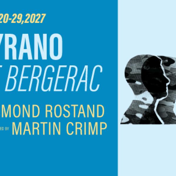 The silhouette of two men's profiles overlapping made from military camo print. There is a red heart coming out of the mouth of the man at the front. Text: Portland State University Theater Arts Presents "Cyrano de Bergerac." May 20 - 29, 2027. By Edmond Rostand, freely adapted by Martin Crimp. 