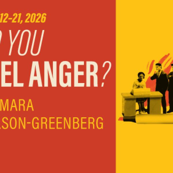 Red and gold graphic with small toy figurines of an office woman typing at a desk and three office men lined up looking at her menacingly with flames behind them. There is a red dry erase marker at her feet that is larger than all the people. Text: Portland State University Theater Arts Presents "Do You Feel Anger?" Nov. 12-21, 2026. By Mara Nelson-Greenberg. 