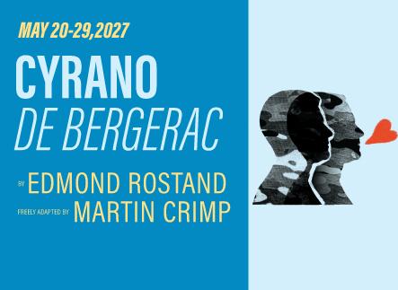The silhouette of two men's profiles overlapping made from military camo print. There is a red heart coming out of the mouth of the man at the front. Text: Portland State University Theater Arts Presents "Cyrano de Bergerac." May 20 - 29, 2027. By Edmond Rostand, freely adapted by Martin Crimp. 
