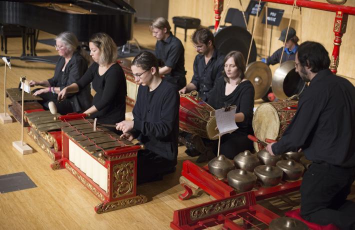 The Javanese Gamelan ensemble performing onstage