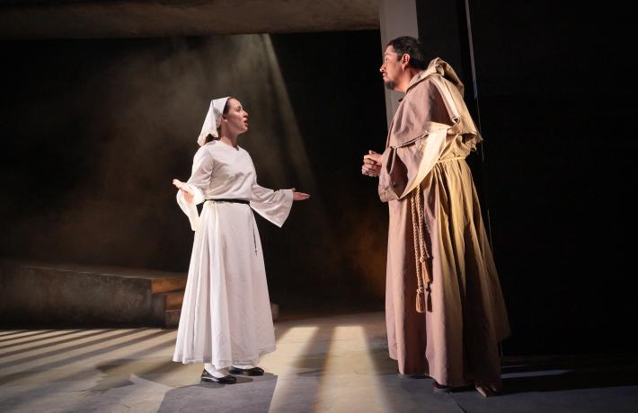 PSU Theater's production of "Measure for Measure." The Duke and Isabella speaking.