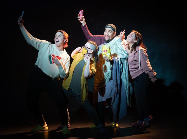 Four actors posing for a selfie in PSU Theater's production of "Y/OURS" 