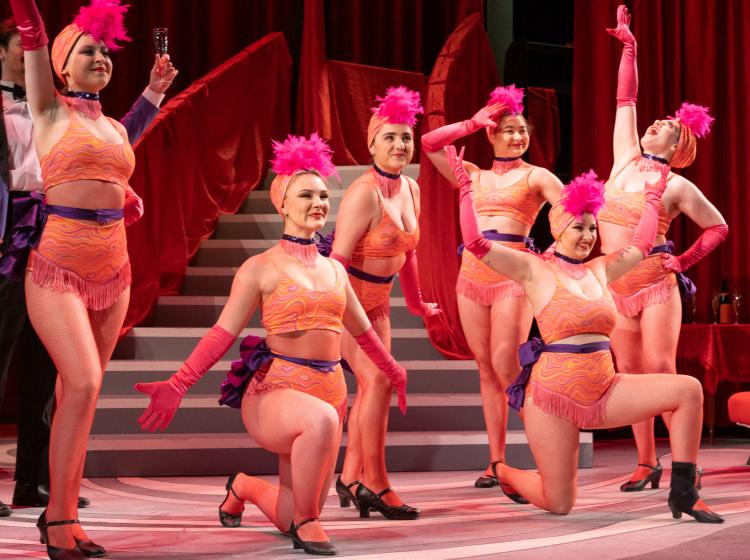 Maxim's girls dancing in lingerie during Act 3 of PSU Opera's "The Merry Widow"