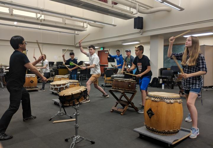 PSPA Students practicing Taiko drumming