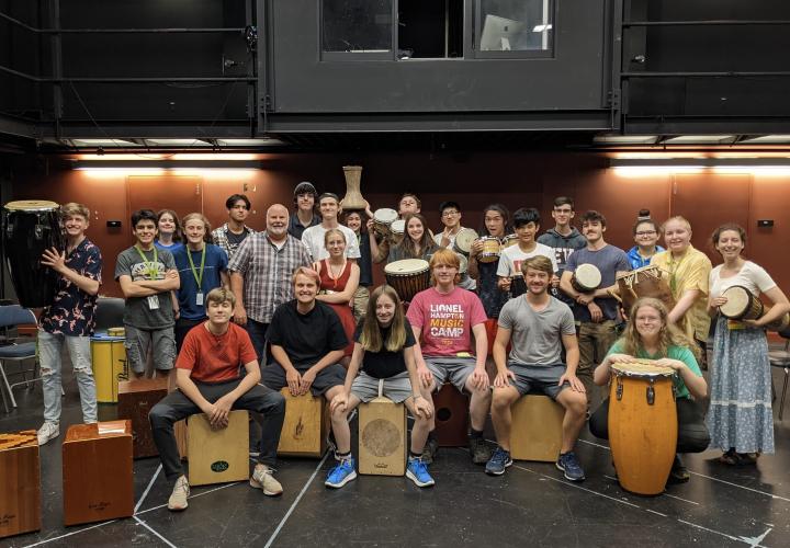 Samba percussion group shot.